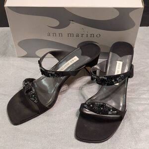 Vintage 90s Ann Marino Beaded Black Sandals, Two Strap Slides Square Heel 2.5"